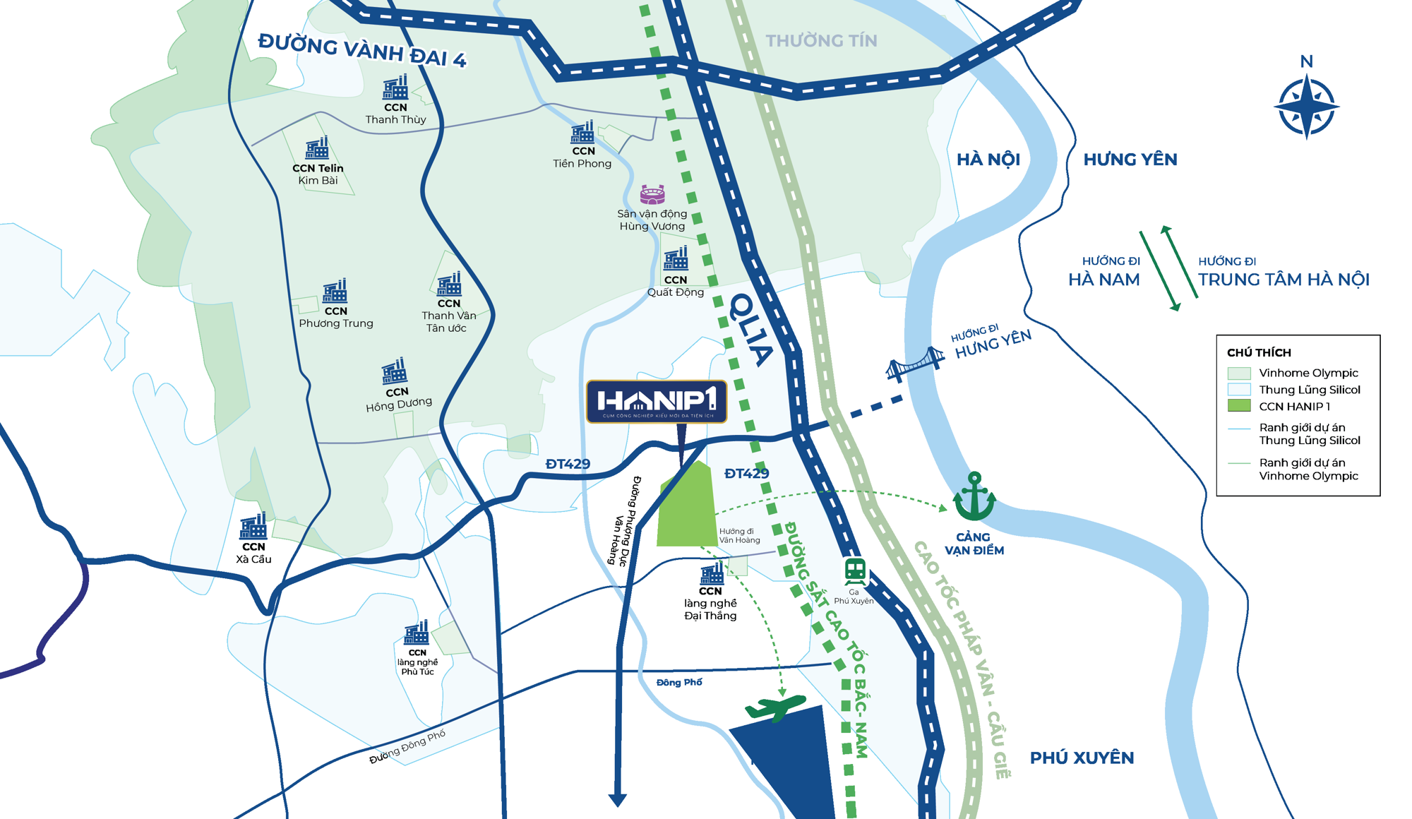 Hanip 1 location map: DT429, National Highway 1A, Phap Van–Cau Gie Expressway, North–South high-speed rail, Ring Road 4, Van Diem port